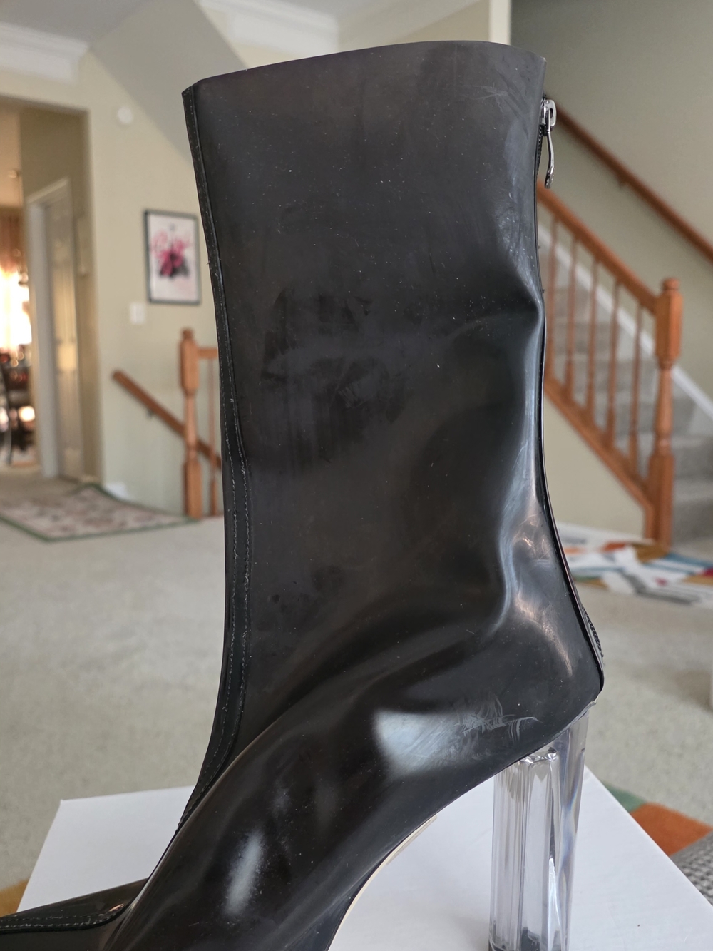Cape Robbin Black Patent Ankle Boots with Clear Lucite Block Heel